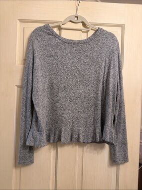 Aqua Heather Gray Scoop Neck Long Sleeve Sweater with Ruffles and Open Back